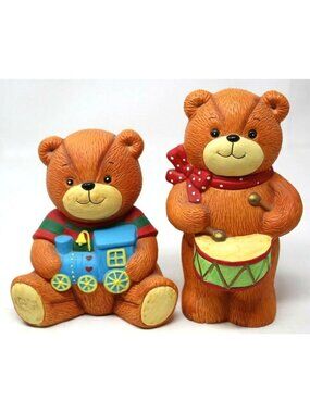 2 Enesco Teddy Bear Train & Drum Ceramic Coin Bank #S-2